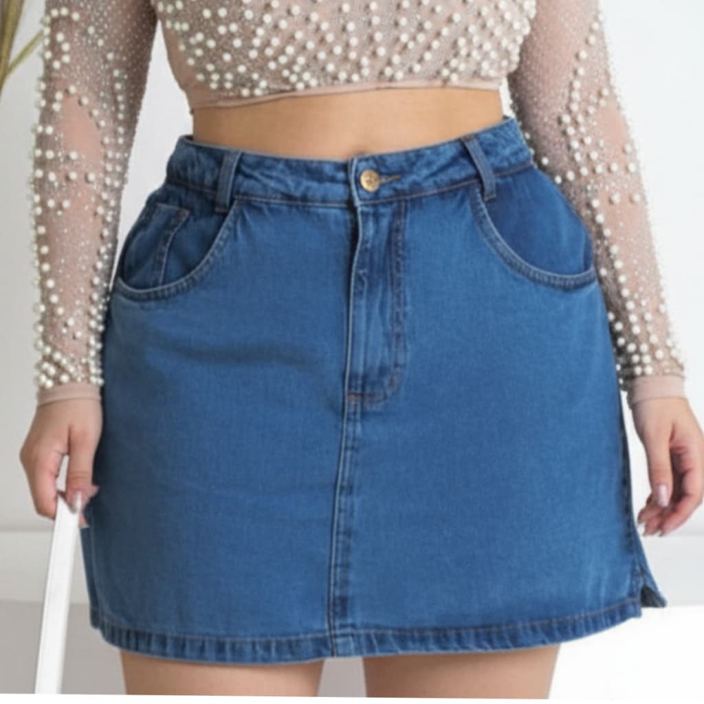 Short Saia Frente e Verso Plus Size Jeans Com Shorts Embutido Grande