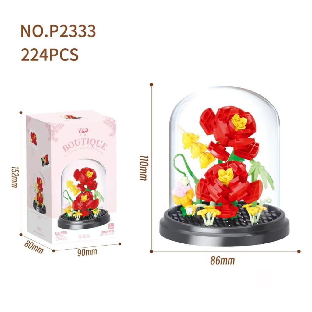 Buquê de Flores Vermelhas de Blocos de Montar NO.P2333 – 224 Peças com Cúpula Decorativa 🌹✨