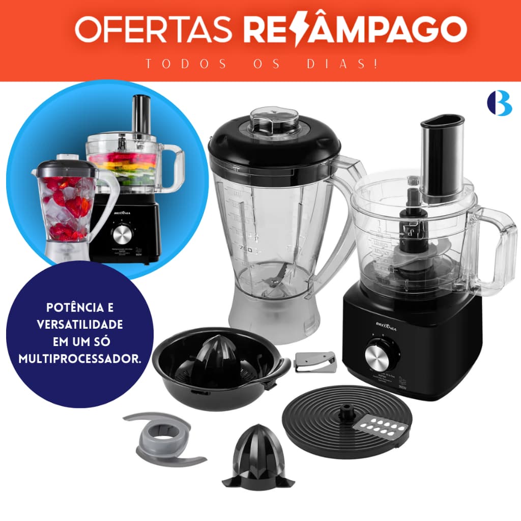 Multiprocessador Britânia BMP900P 127V – Completo e Compacto 3 em 1 com Liquidificador e Espremedor!