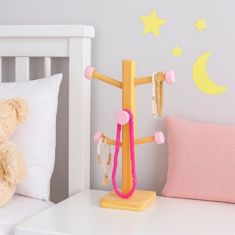 Expositor Porta Joias de Madeira  Cabideiro  Organizador de Colares e Pulseiras Infantil