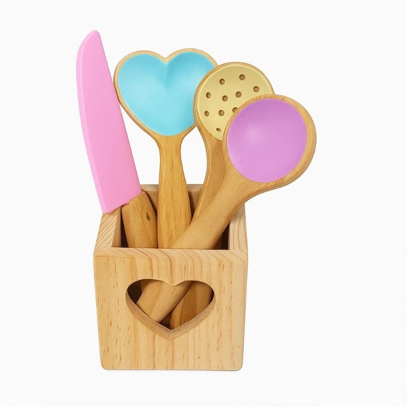 kit Utensílios de Cozinha em Madeira  Infantil Brinquedo Colorido e Educativo