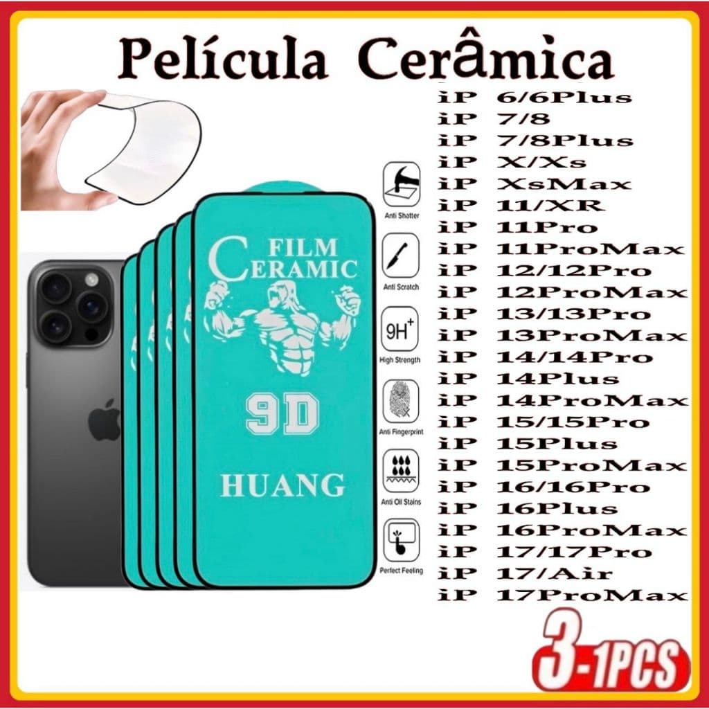 Película Cerâmica 9D 3D iPhone Gel Hidrogel Flexível XR 11 12 13 14 15 16 16PROMAX 17 17 PROMAX
