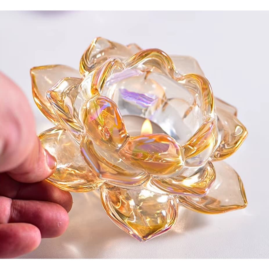 Kit 02 Peças Castiçal Porta Vela Vidro Dourado Metalizado Flor de Lótus