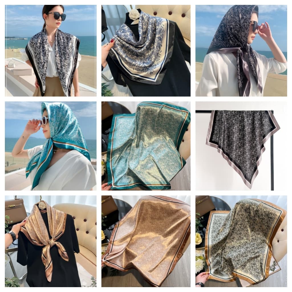 Lenço feminino grande cetim estampa clássica europeia lenço quadrado elegante luxo cachecol xale moda praia bandana 90cm