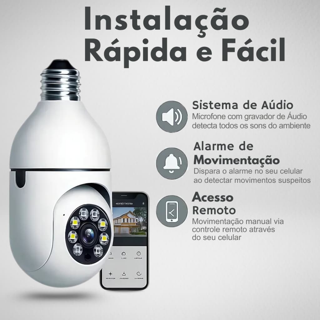 Câmera Lâmpada Yoosee – Full HD, 360°, Visão Noturna Colorida, Wi-Fi, Alarme e Cartão SD até 128GB