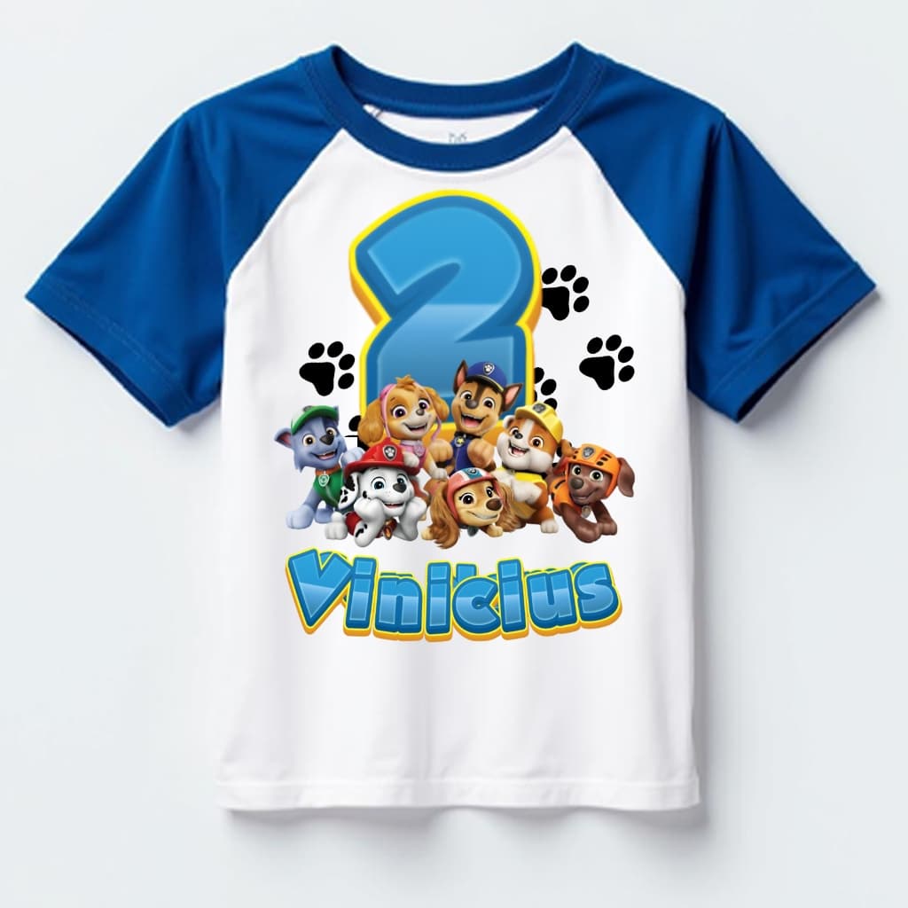 Camiseta Patrulha Canina Azul e Branca aniversário customizado Nome