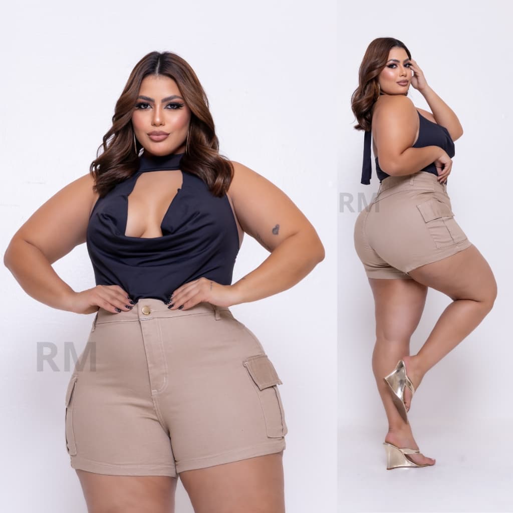 SHORT JEANS FEMININO CARGO PLUS SIZE COM LYCRA CINTURA ALTA