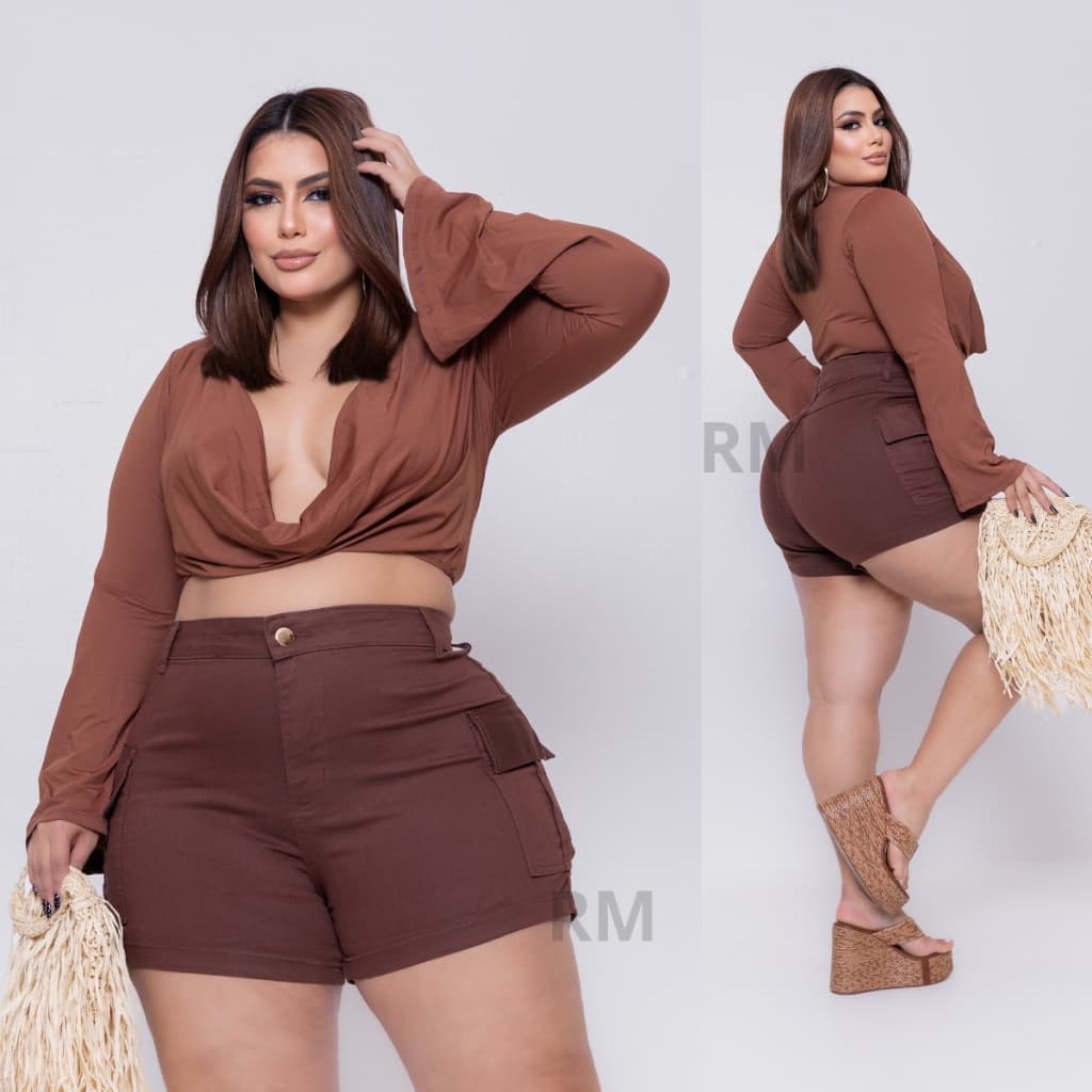 SHORTS JEANS FEMININO CARGO PLUS SIZE COM LYCRA CINTURA ALTA