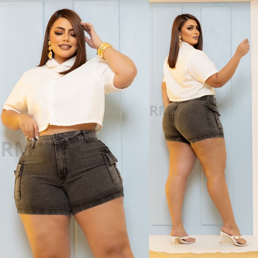SHORTS JEANS FEMININO CARGO PLUS SIZE C/ LYCRA CINTURA ALTA