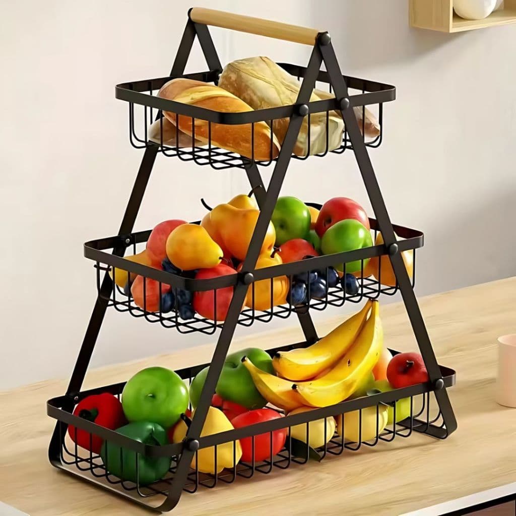 Fruteira de Mesa 2 ou 3 Andares Organizador de Frutas Cesto - Estrutura Metal e Madeira