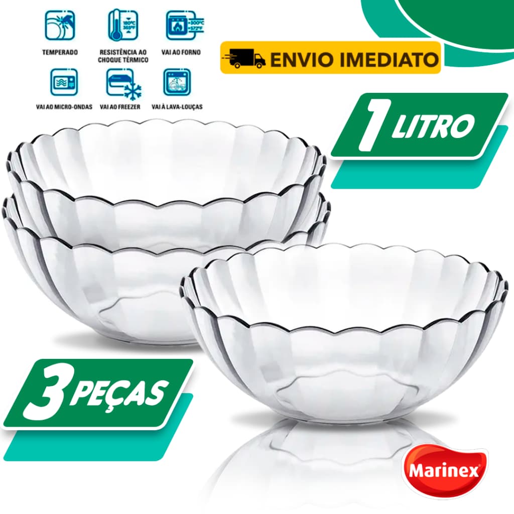 Kit 3 Tigelas Bella Bowl Vidro Marinex 1L Sobremesa Forno Micro-ondas Lava-louças Resistentes