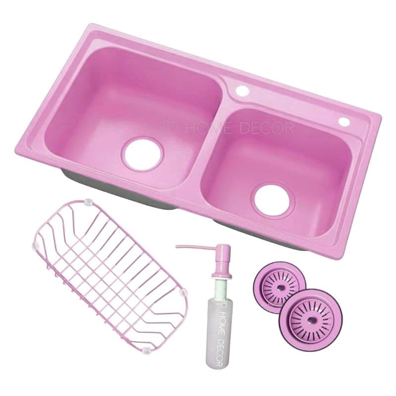 Cuba Cozinha Dupla 78 CM Rosa Aço INOX Cuba Gourmet Rosa Em Metal P/ Cozinha Bancada