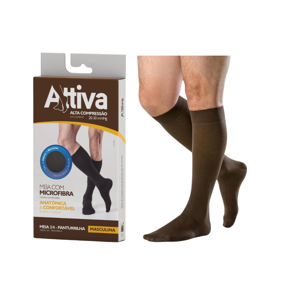 Meia 3/4 Masculina Panturrilha Attiva Alta Compressão 20-30mmHg Cor Marrom Ponteira Fechada