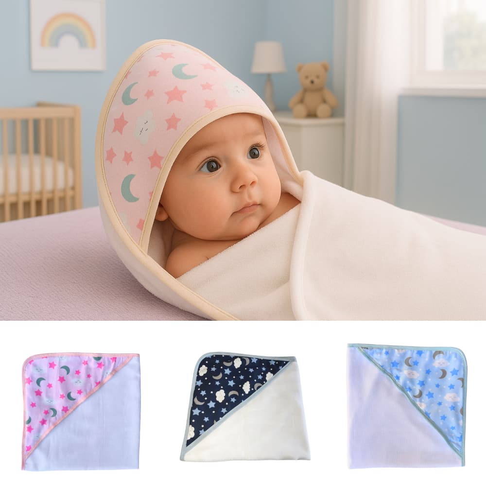 Toalha De Banho Bebê Recém Nascido com Capuz Forro Fralda 70x70cm Estampa Céu Menina Menino