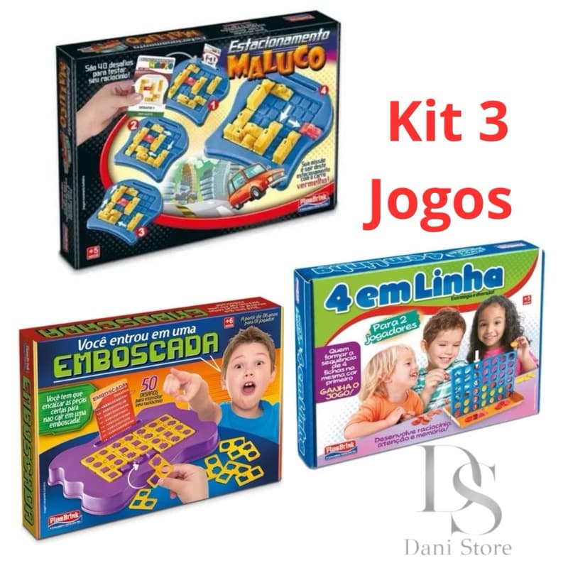 Kit 3 Jogos Educativos Estacionamento Maluco Emboscada 4 em Linha Diversão e Raciocínio
