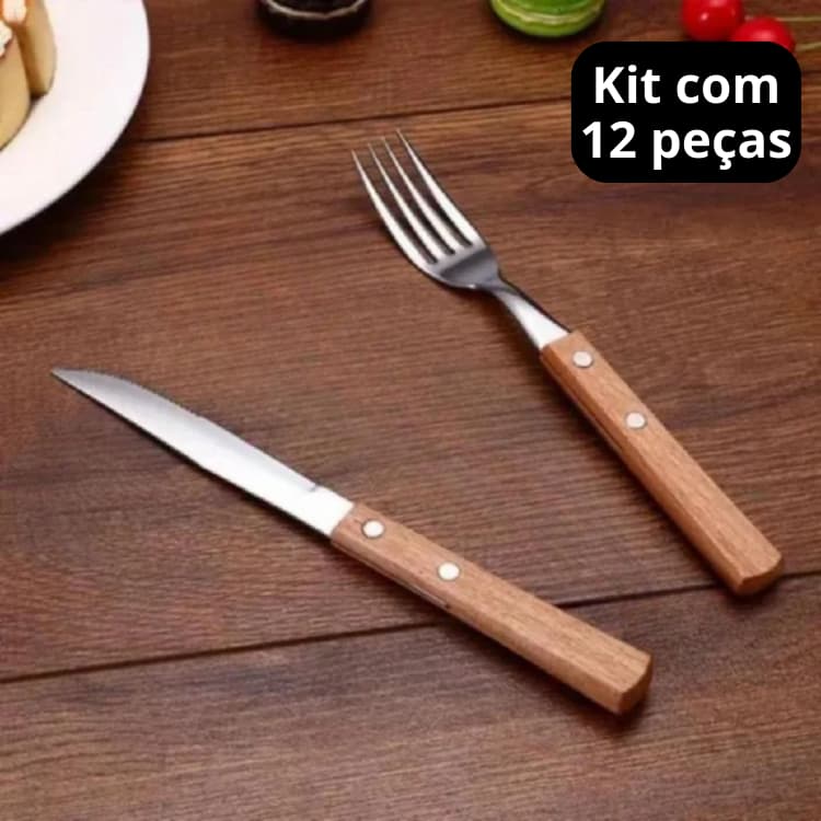 kit 12 peças Faqueiro Faca Garfo Tradicional com Lâminas em Aço Inox e Cabos em Madeira Natural