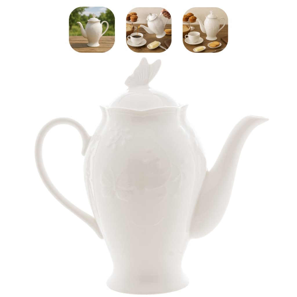 Bule De Porcelana para Chá Café New Bone Butterfly Flower 1l Branco Luxo - Lyor