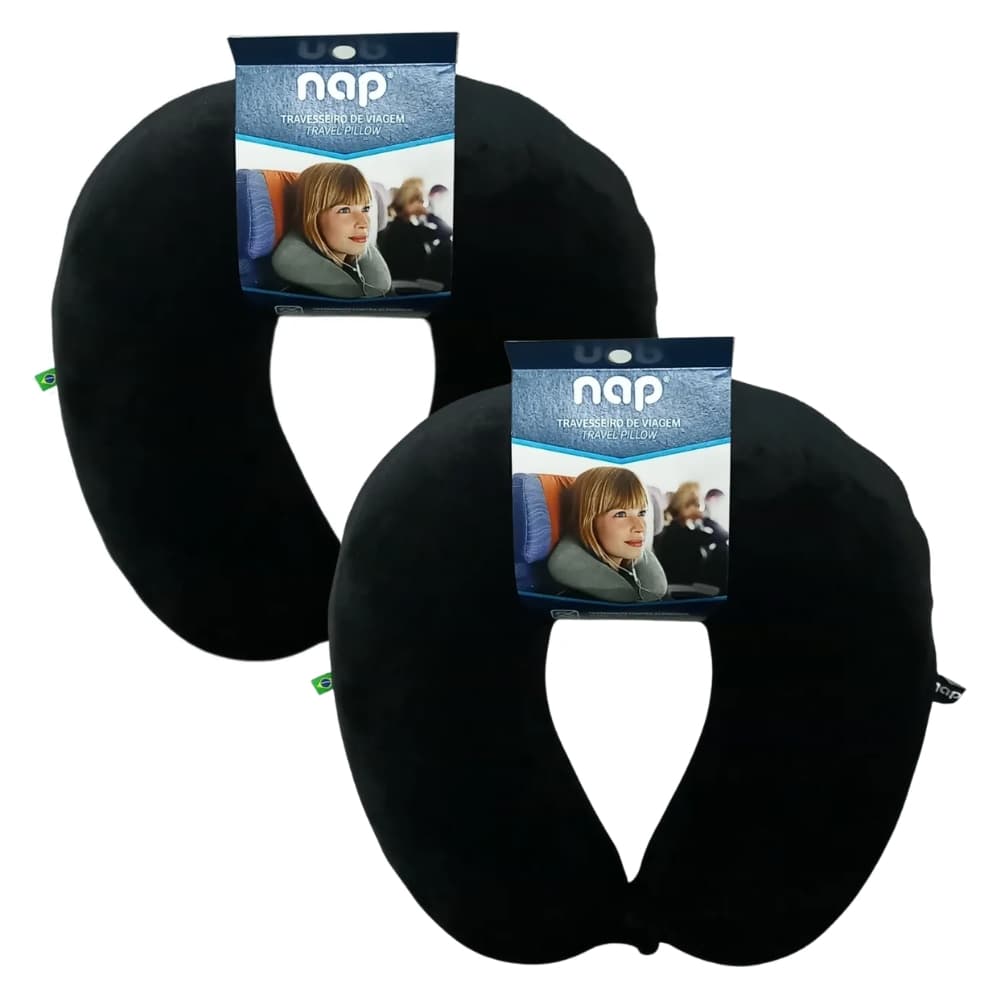 Kit 2 Travesseiros de Viagem Nap Tecido Plush Espuma Viscoelastica Nasa Preto MPS2A40