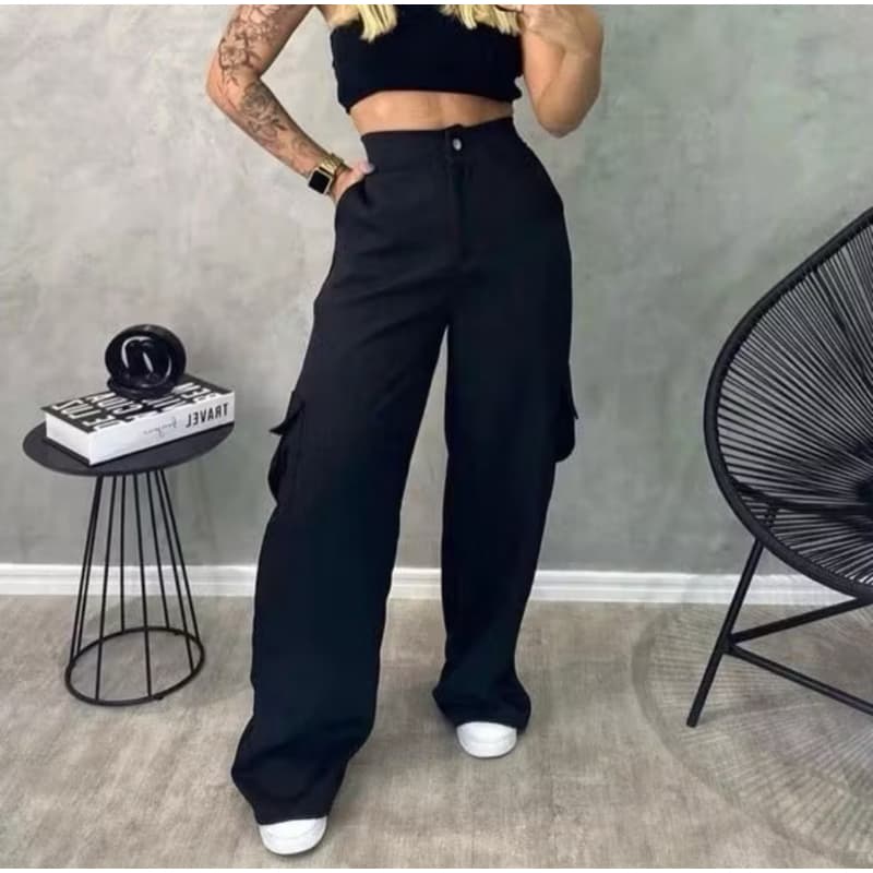 Calça Cargo Feminina Bolsos Laterais Estilo Street