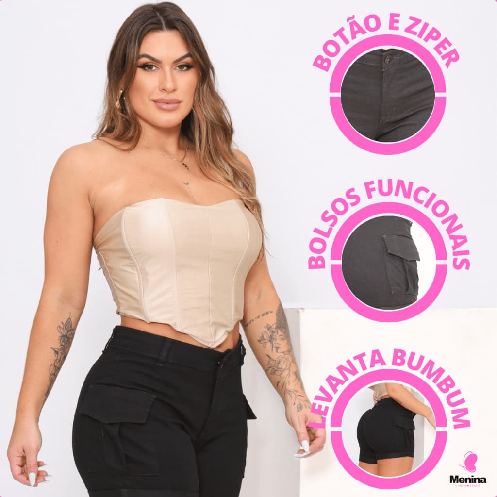 Short Cargo Jeans Com Lycra Cintura Alta Levanta Bumbum