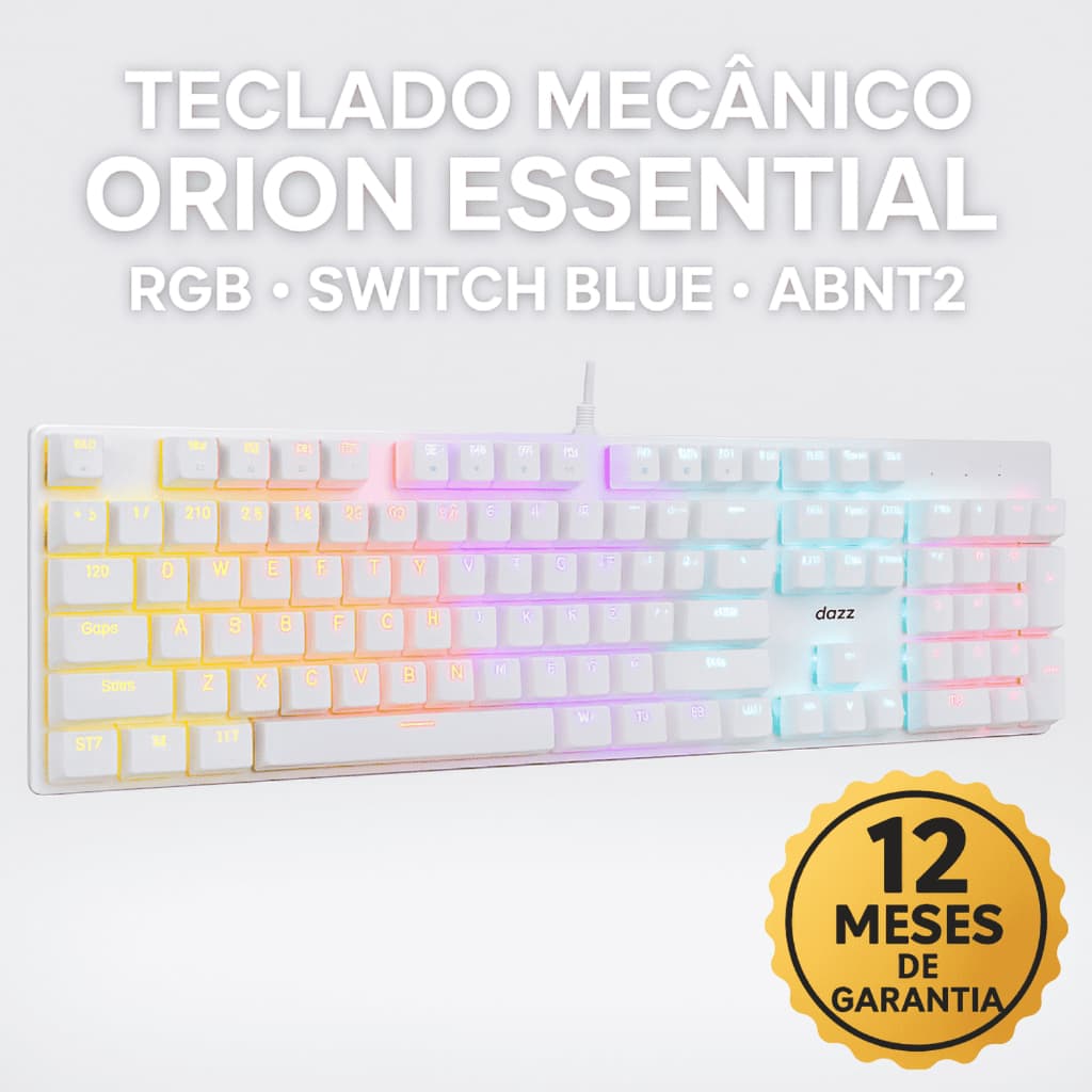 Teclado Mecânico Branco Switch Blue LED RGB ABNT2 Anti-Ghosting, USB, Precisão, Resposta Rápida, Pc