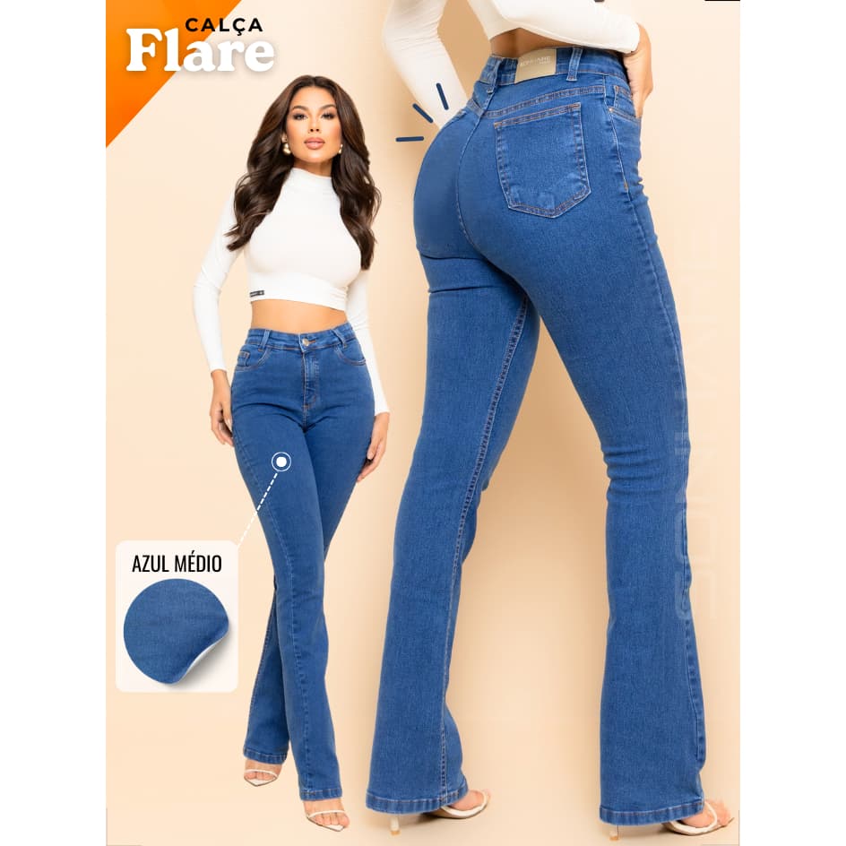 Calça Jeans Flare Feminina Cintura Alta Boca de Sino Country Lycra Empina Bumbum Casual Confortável
