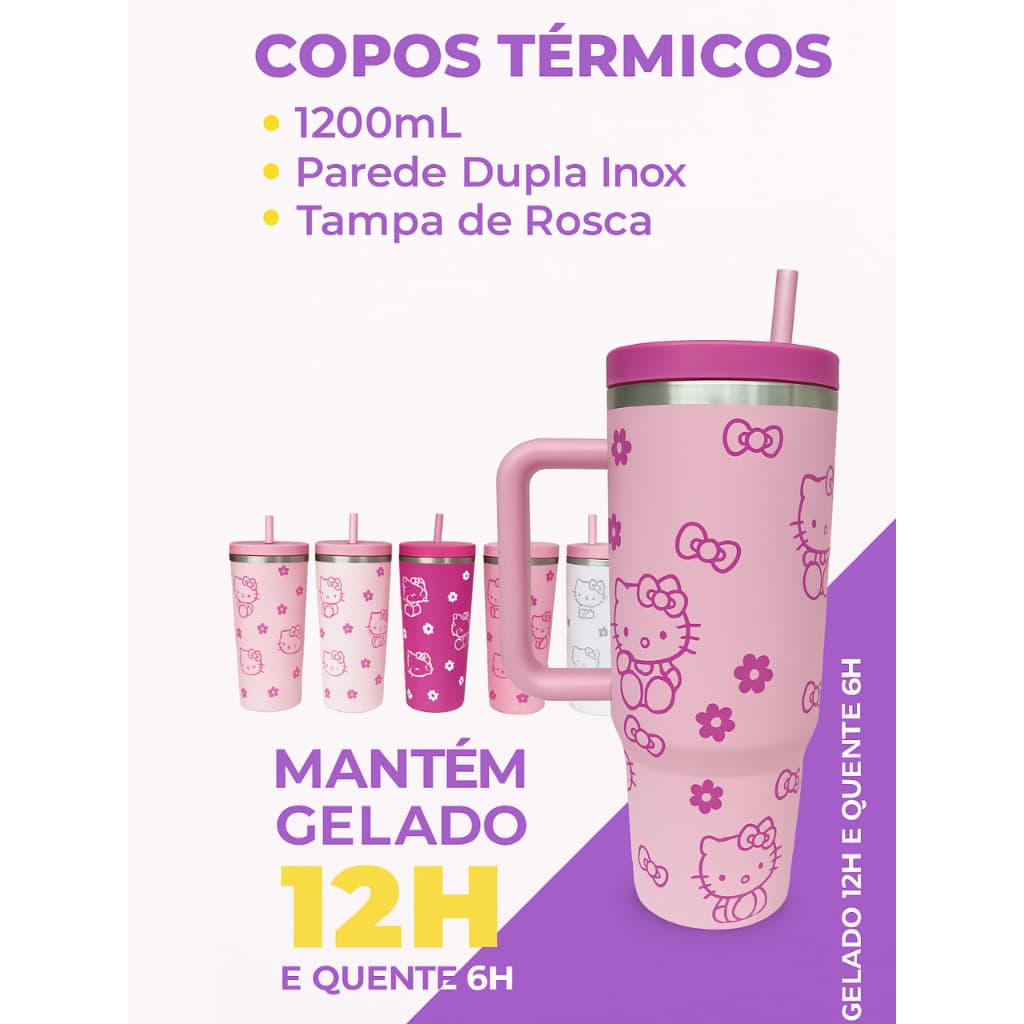 Copo Térmico Hello Kitty Tumbler 1200ml Camada Dupla Inox Alça Tampa E Canudo 12h Frio 50 anos