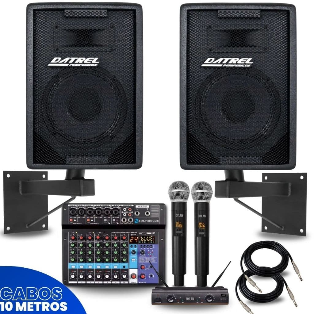 Kit 2 Caixas de Som 300W Ativa Passiva + Mesa 8 Canais + Microfone Dylan s/ Fio + Suportes de Parede + Cabos P10