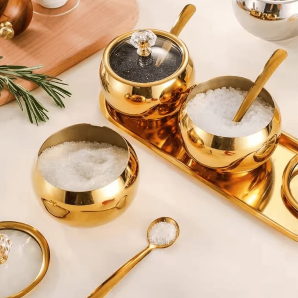 Kit 3 potes Açúcar condimentos com bandeija, aço inox 304 esférico cozinha luxuoso moderno