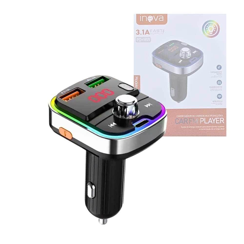 Carregador Automotivo Turbo Bluetooth FM MP3 RGB 18W Super Rápido – INOVA