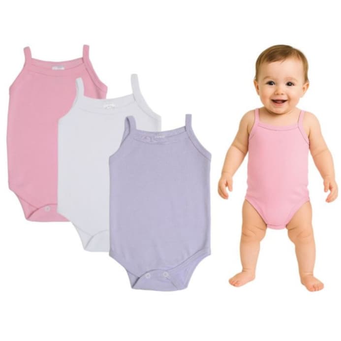 Kit C/ 3 Alcinha Infantil - Lilás/Branco/Rosa Bebê - Body Bebê - 100% Algodão