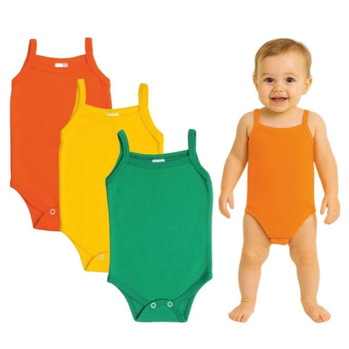 Kit C/ 3 Body Alcinha Infantil - Laranja/Amarelo/Verde - Body Bebê - 100% Algodão