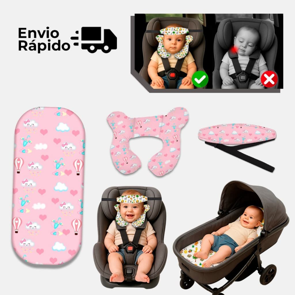 Kit Almofada de pescoço + Faixa Apoio Suporte Cabeça de Bebê + Colchonete Carrinho Completo Viagem