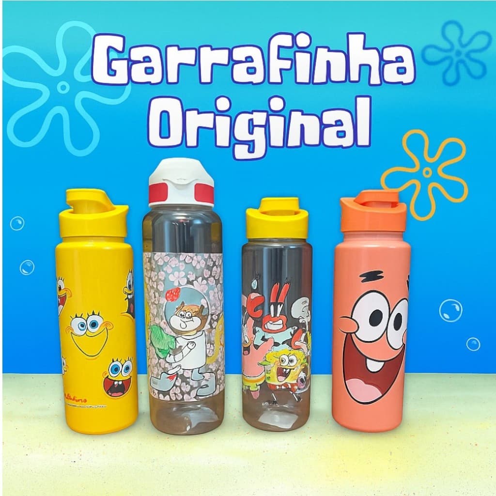 Garrafa Água Infantil Bob Esponja Patrick Sandy Anti-Vazamento Criança Escola Squeeze Agua 750ml/ 1L
