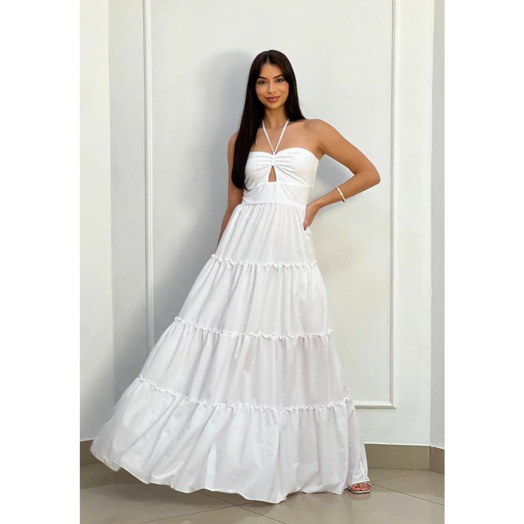 Vestido Longo, Busto Drapeado, Lastex Costa, Saia em Camadas.