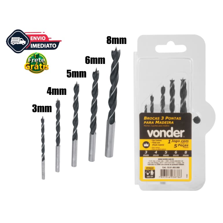 Jogo de brocas 3 pontas para madeira com 5 peças, de 3 mm a 8 mm - Vonder