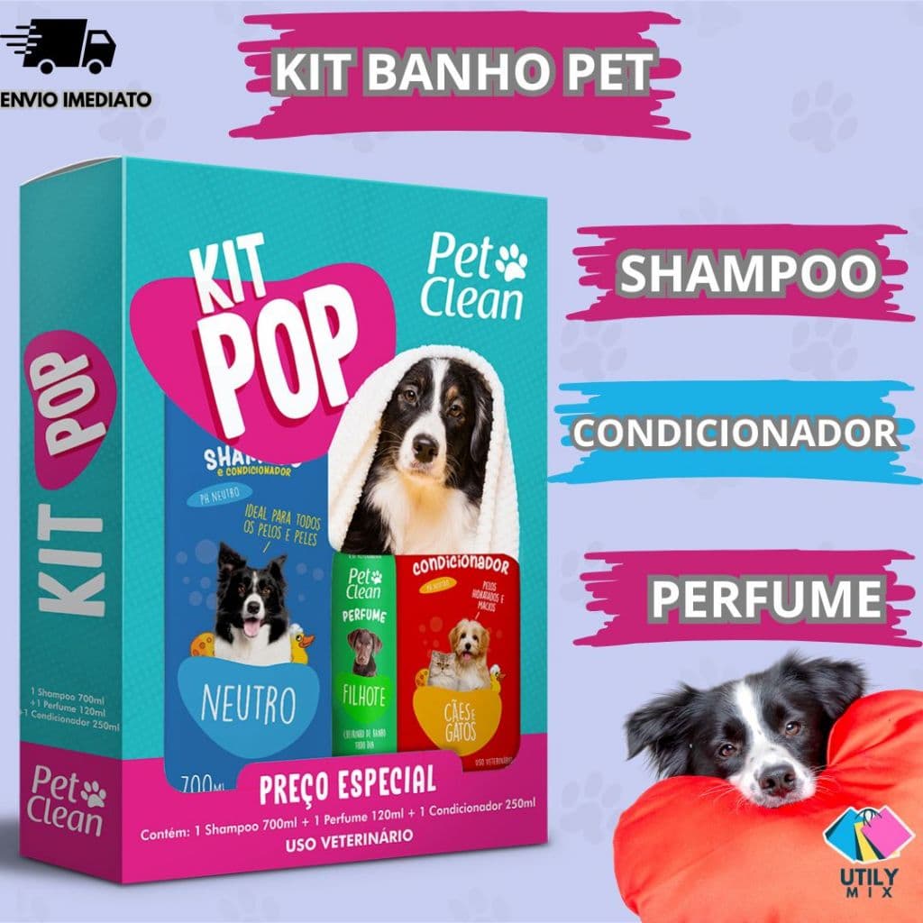 Kit Completo Shampoo, Condicionador E Perfume Para Cães Cachorros e Gatos Pop Pet Clean Banho, Higiene Para O Pet