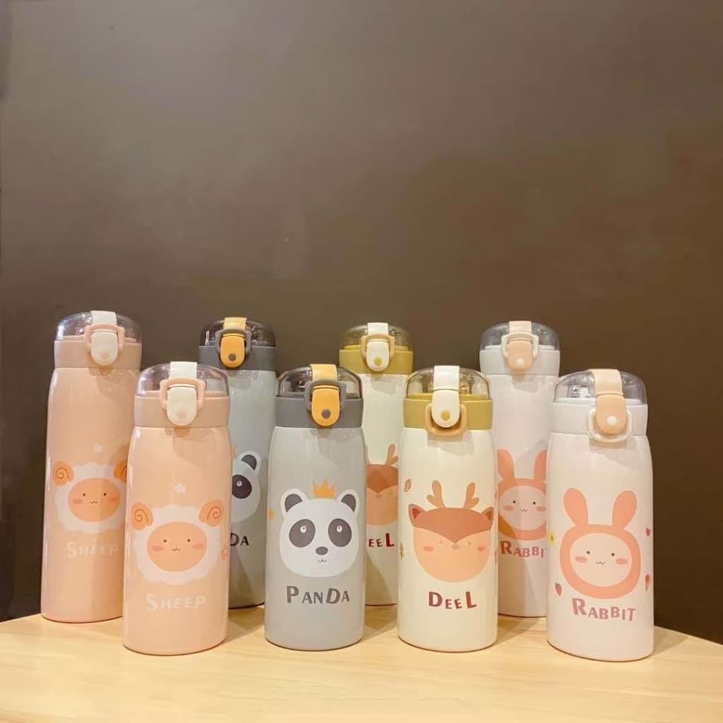 Garrafa Com Canudo Térmica Infantil Estampas Animais Aço Inox 350ml ou 500ml