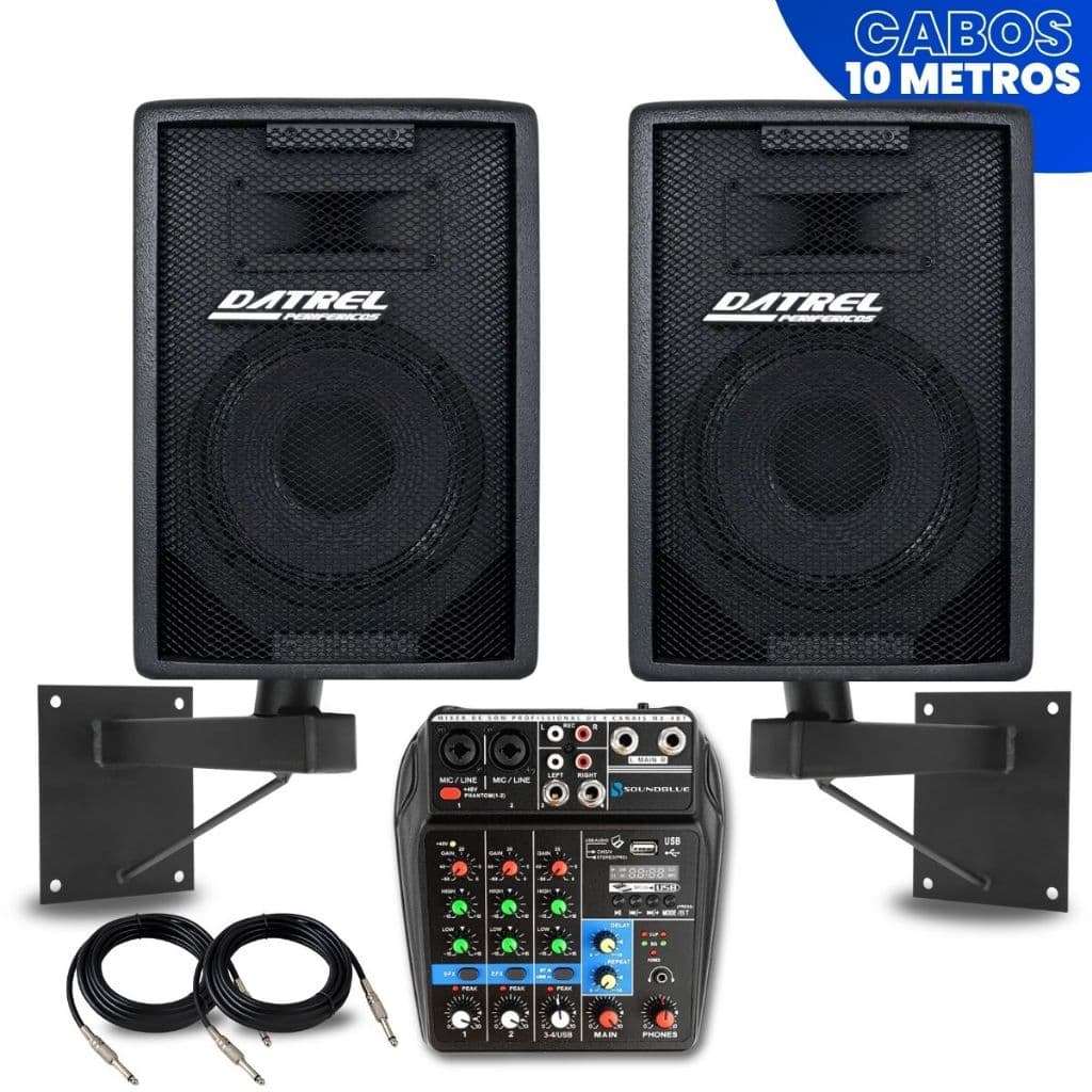 Kit 2 Caixas de Som 300W Datrel Ativa Passiva + Mesa 4 Canais Profissional Bluetooth USB + Cabos P10