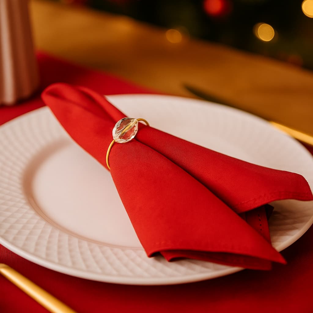 Guardanapo Natal + Anel de Guardanapo Kit 12 Peças 6 Lugares Mesa Posta Natalina