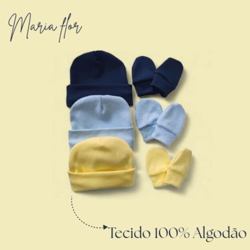 Touca e Luvas para bebê Recém Nascido-RN-100% algodão - kit com 3 Conjuntos