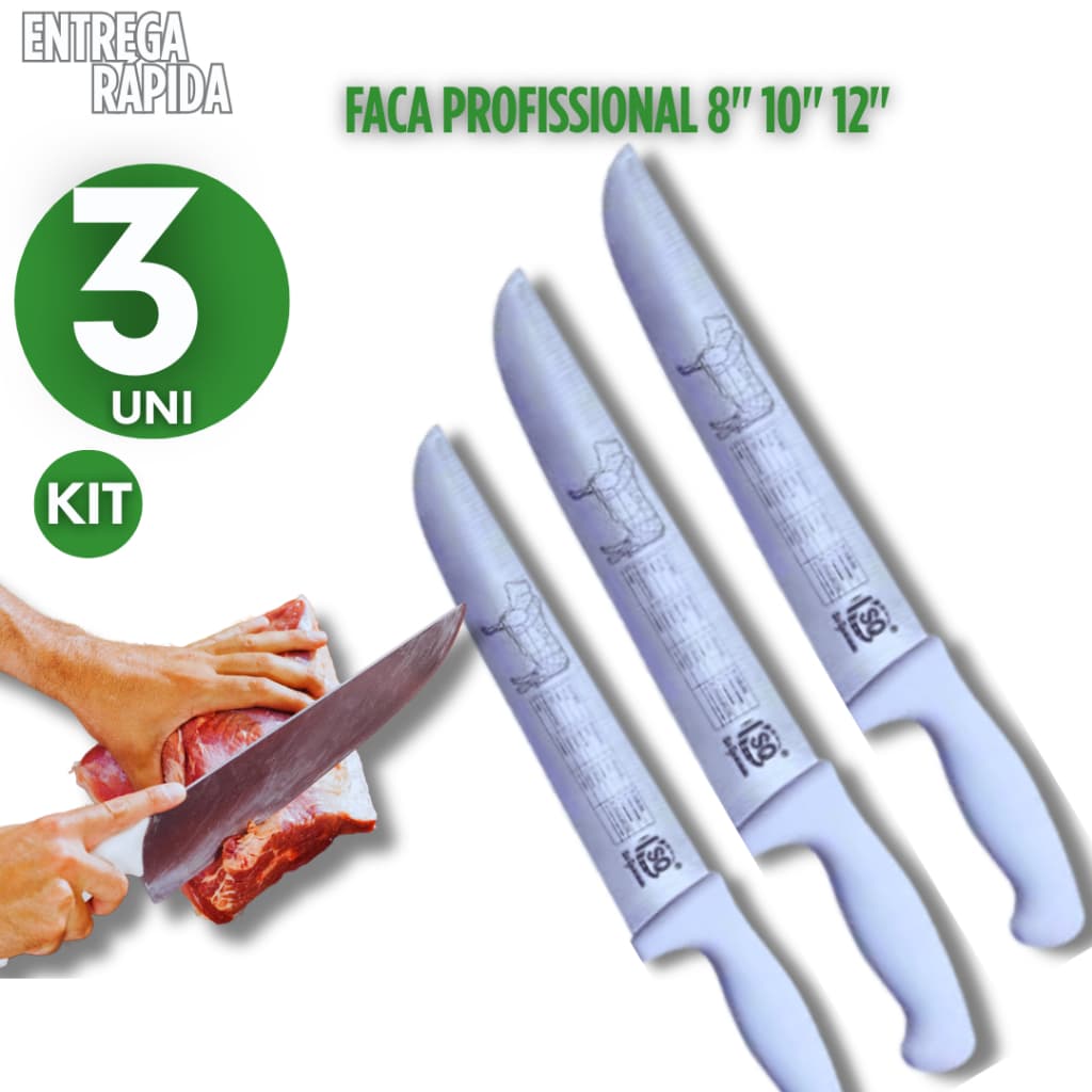 KIT 3 FACAS INOX CABO BRANCO 8" 10" 12" PROFISSIONAL IDEAL PARA AÇOUGUE CASA RESTAURANTE