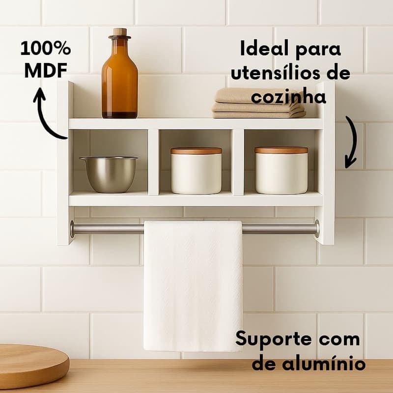 Nicho de Cozinha em MDF com Porta-Rolo, Prateleira Suspensa e Organizador de Parede e banheiro