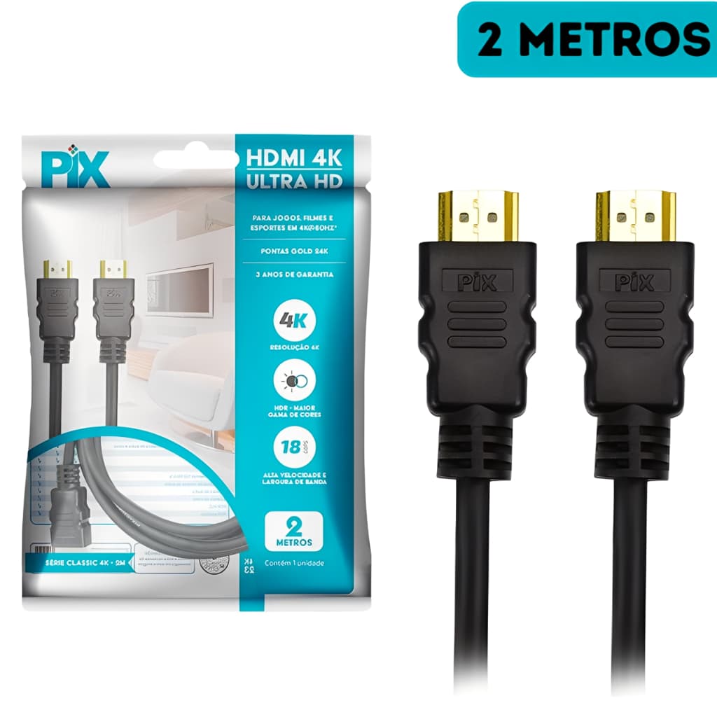 Cabo Hdmi 2.0 4k 2m Ultra Hd Alta resolução Velocidade Pontas Gold 24K HDR 60Hz Banhado a Ouro