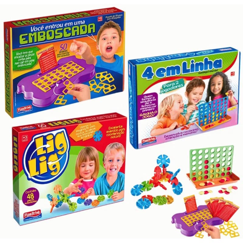Kit 3 Jogos Educativos Infantis  Emboscada  4 em Linha  Lig Lig Estratégia Coordenação e Diversão em Família.