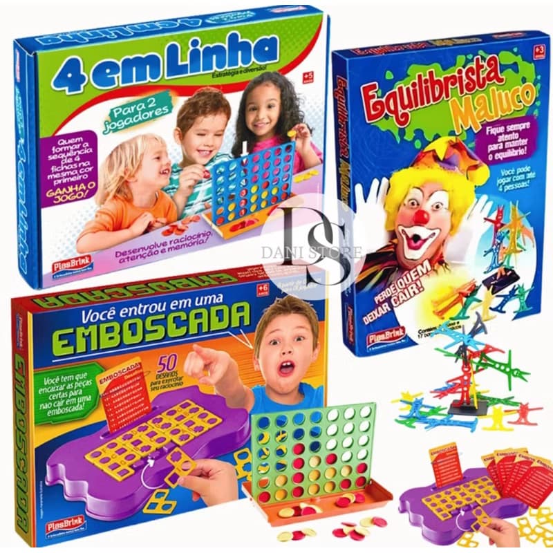 Kit 3 Jogos Educativos Divertidos 4 em Linha Emboscada Equilibrista Maluco Estratégia, Raciocínio e Diversão em Família
