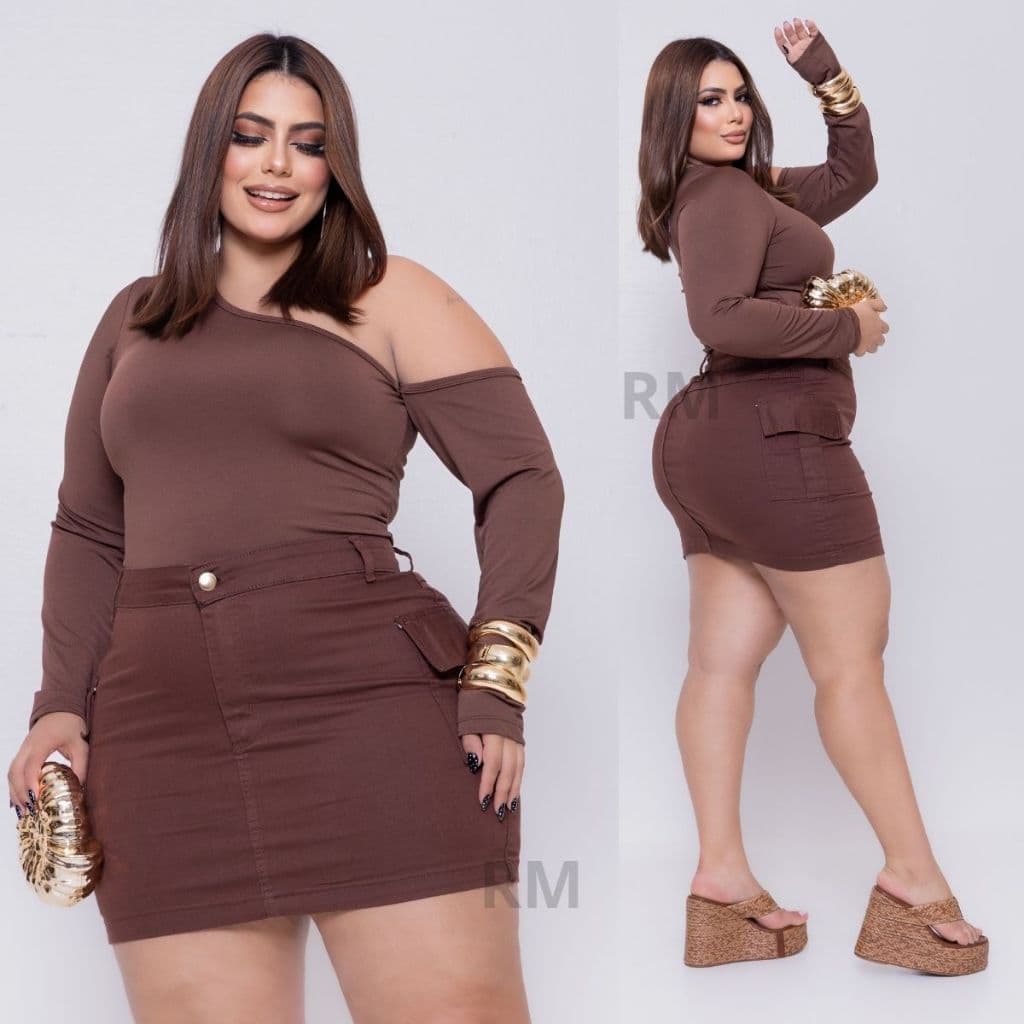 ROUPAS FEMININAS SAIAS JEANS CARGO PLUS SIZE COM LYCRA CINTURA ALTA