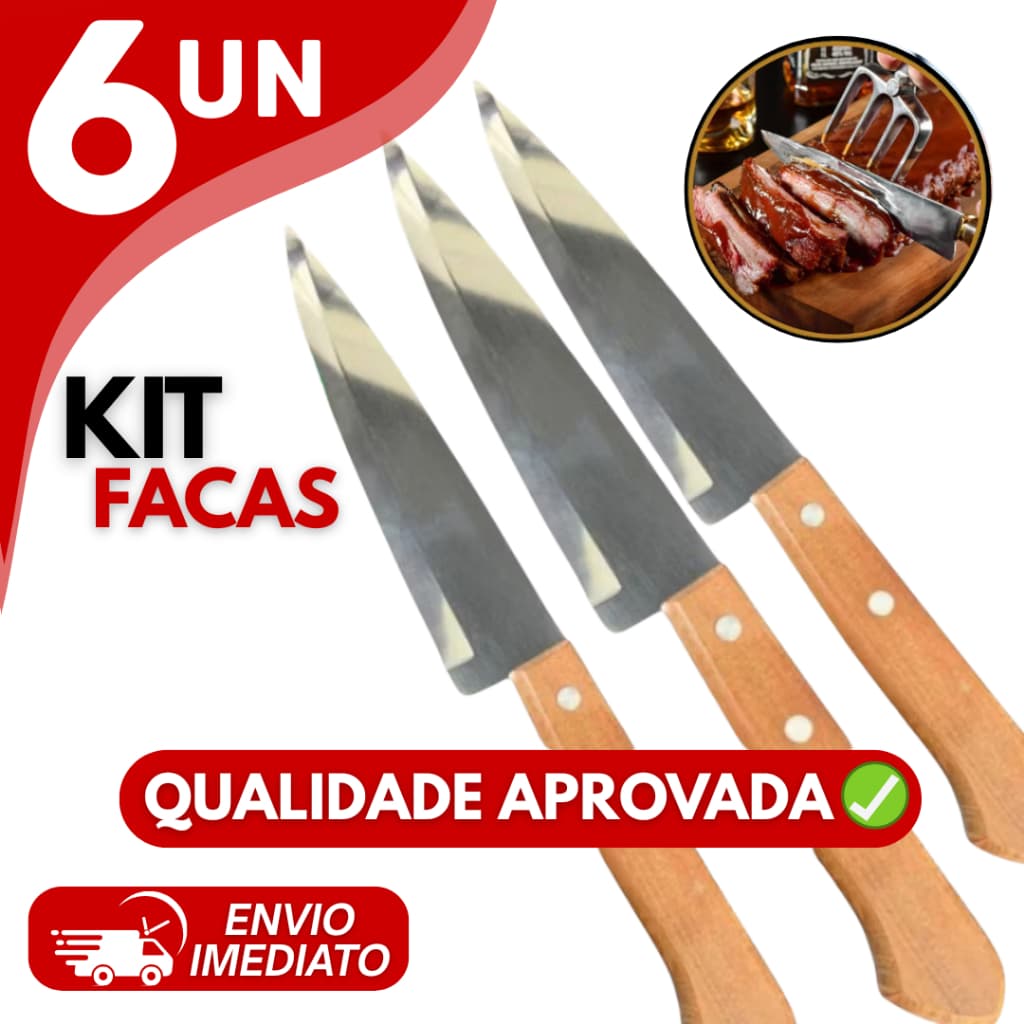 Kit Facas de Cozinha e Churrasco Inox Cabo de Madeira Afiadas Peixeira Restaurante