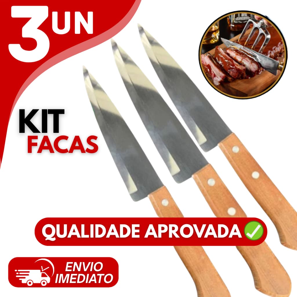 Kit Facas Churrasco e Cozinha Inox Cabo de Madeira Afiada Peixeira Profissional Restaurante