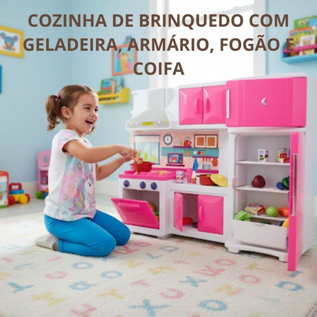 Cozinha de Brinquedo com Geladeira Armário Fogão e Coifa Menina  - Rosa Premium